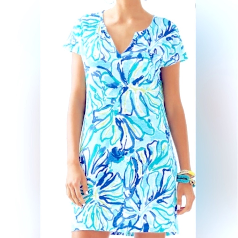 LILLY PULITZER Duval Cap Sleeved Linen T-shirt Mini Dress Pool Blue Stay Cool